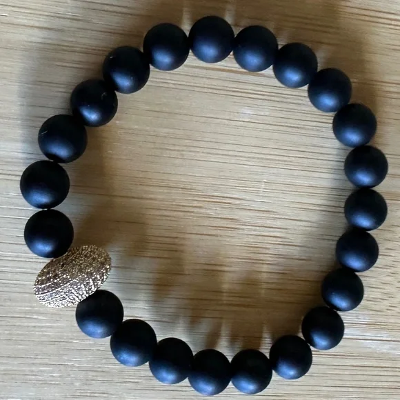 Matte 8mm Onyx Stretch Bracelet w/ Gold Pave Crystal Spacer - Picture 6 of 9